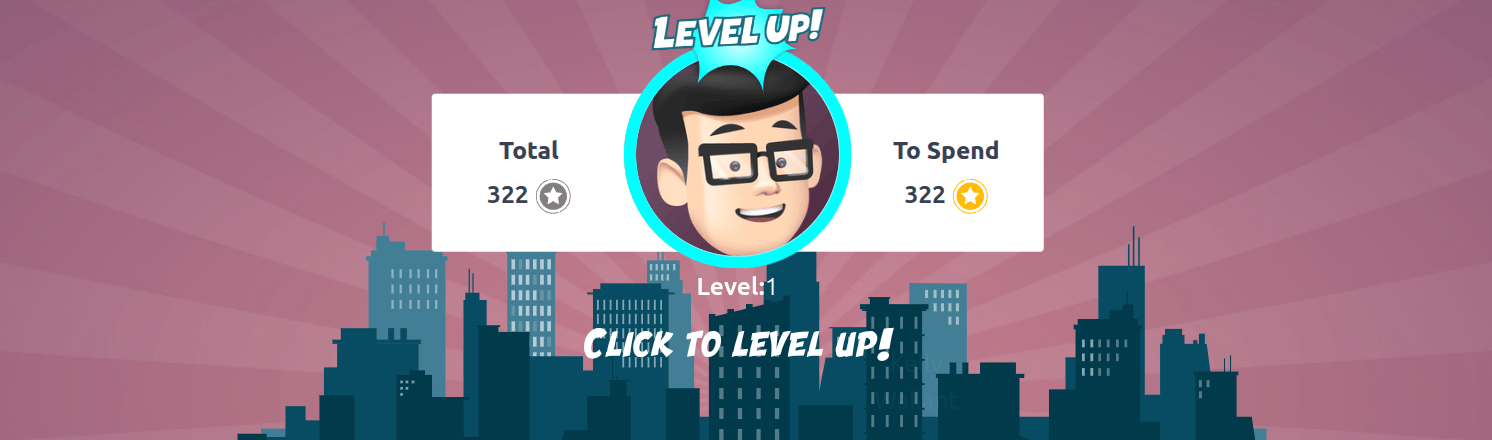 A 'Click to level up!' appears beneath the user's image, and a large 'Level up!' appears above their image.