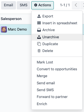 Action button from list view with the Unarchive option emphasized.