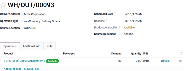 Delivery order form with product availability and reserved quantity.