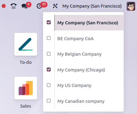 View of the companies menu through the main dashboard in Odoo.