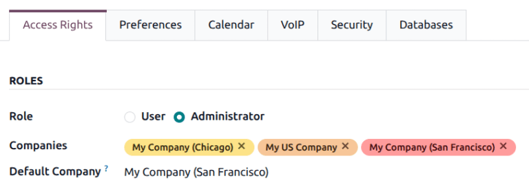 View of a user's form emphasizing the multi companies field in Odoo.