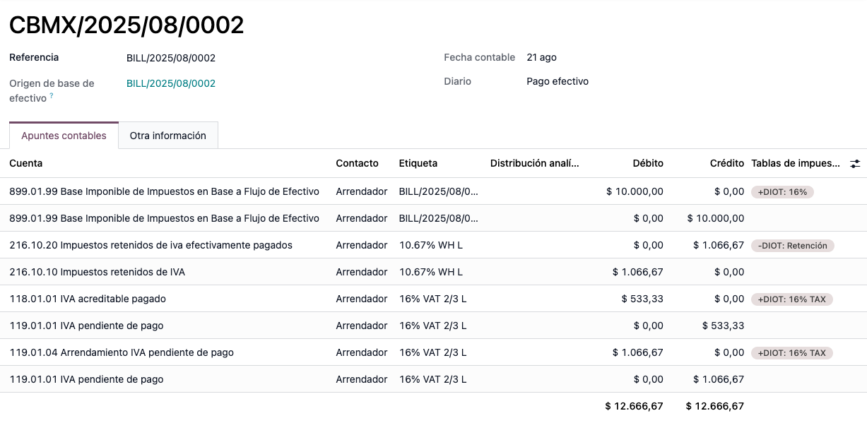 Cash Basis entry with VAT split between paid and due.
