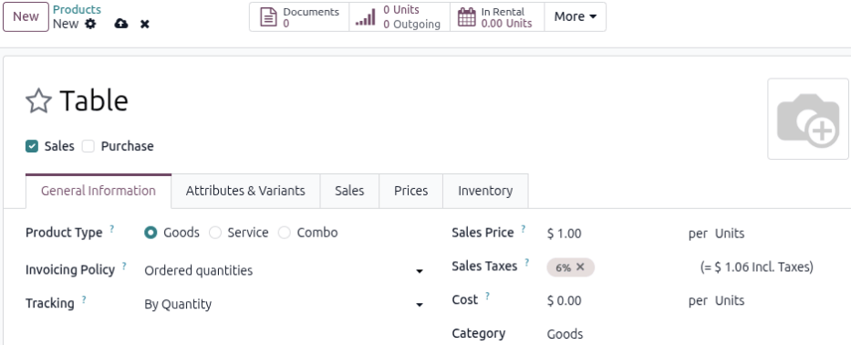 Example of a Goods rental product form.