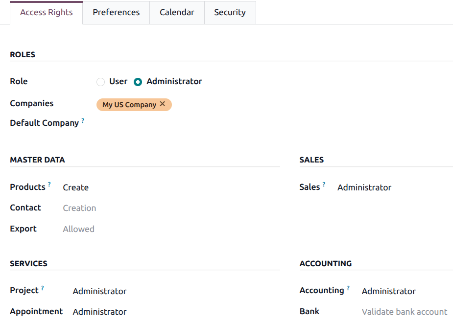 View of a user's form emphasizing the access rights tab in Odoo.