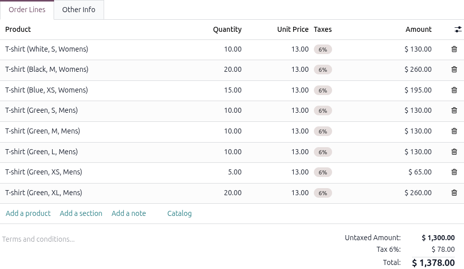 Populated order lines tab after order grid entry has been chosen to select products.