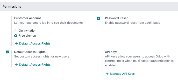 Enabling Password Reset in Odoo Settings.