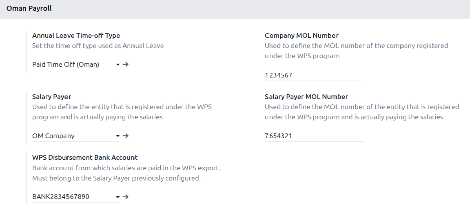Omann payroll settings configured in the Payroll app.