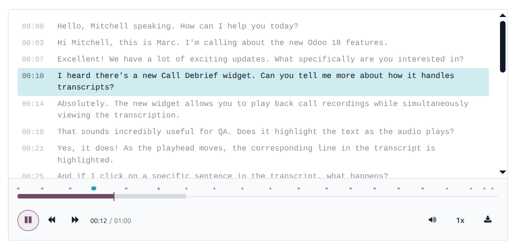 The Call Debrief panel with a synced transcript and audio player.