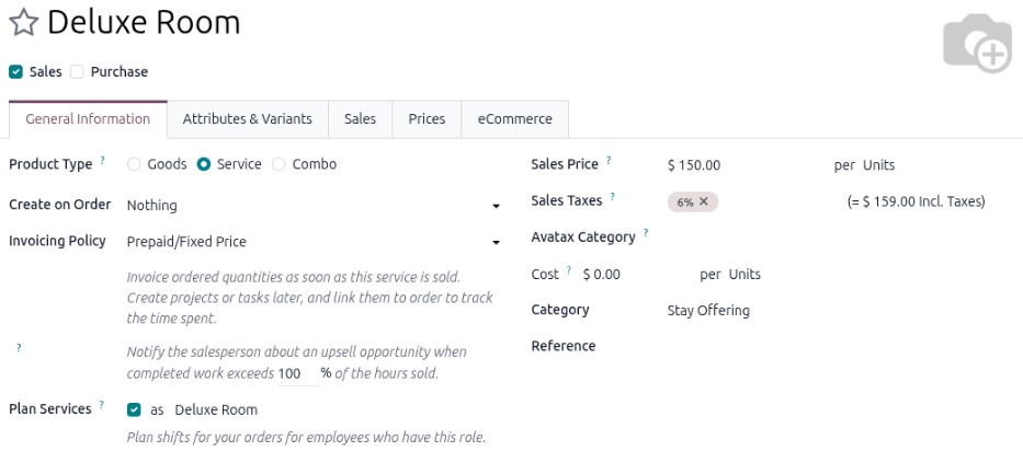 Example of a configured physical service product in the Rental app.