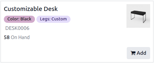 A product card in the product catalog for the Manufacturing app.