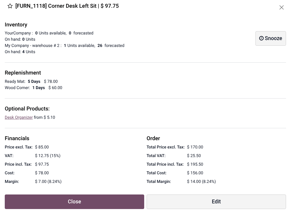 Example of product information window.