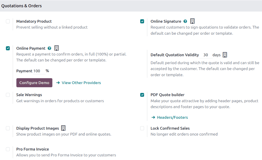 The Quotations and Orders section on the Odoo Sales app Settings page.