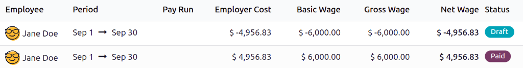 The original payslip, and the refund payslip, in a list view.