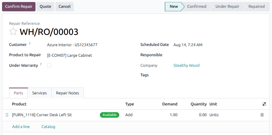 Repair order form in the Repairs app.