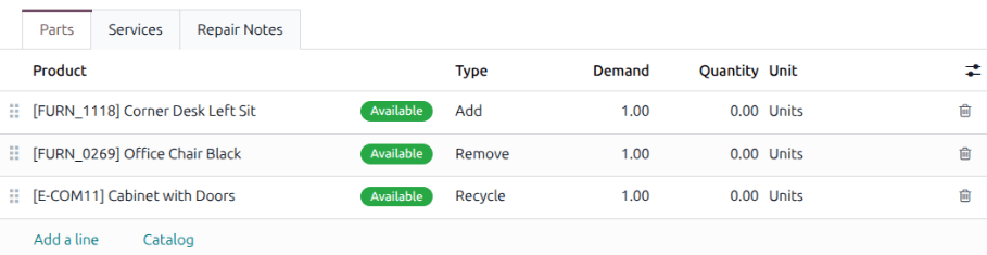 Parts tab on the repair order form with parts to be added, recycled, and removed.