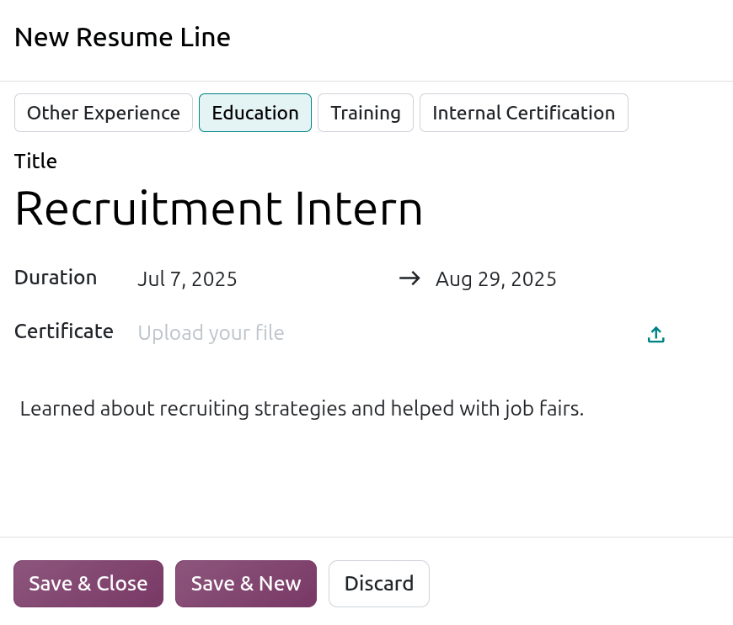 A resumé entry form with all the information populated.