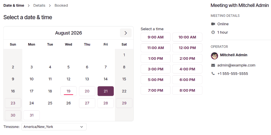 The calendar screen with dates and times to schedule an interview.