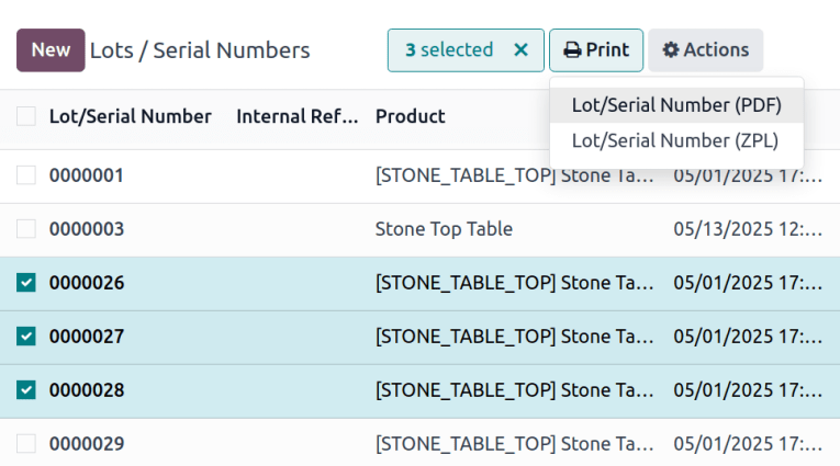 Three selected products and a Print button showing 'Lot/Serial Number (PDF)' highlighted.