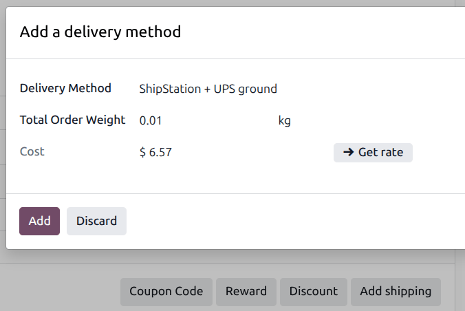 Add a delivery method window on a quotation form.
