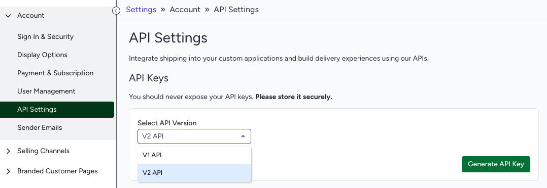 ShipStation API Settings page with Generate API Key button.