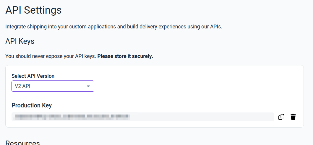 ShipStation Production Key "copy to clipboard" button.