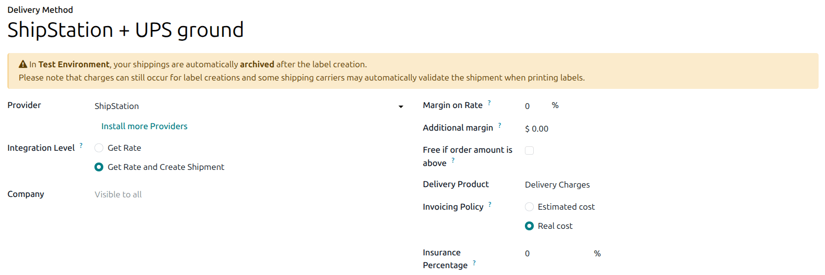 Delivery method form in Odoo with the ShipStation provider selected.