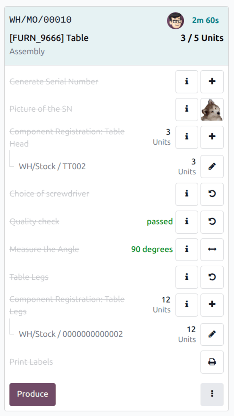 The Produce button in the Shop Floor module.