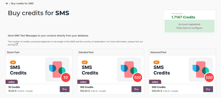 Buy SMS Credits page in the Odoo IAP Portal.