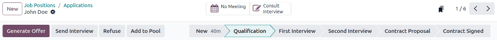 Change the stage of an applicant by clicking on the desired stage at the top of the applicant's card.