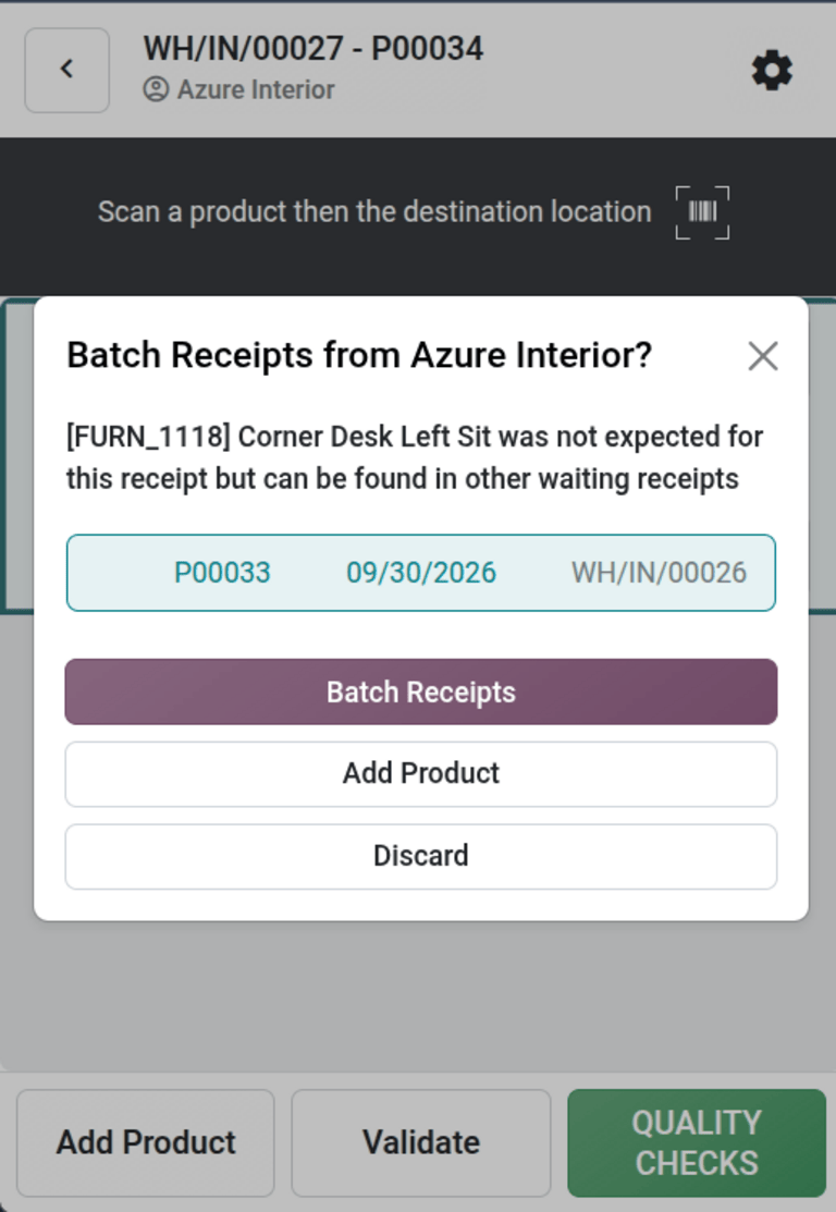 Odoo suggests a receipt to batch.