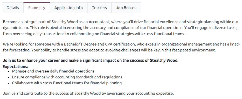 The summary of the position in the Job Summary tab.