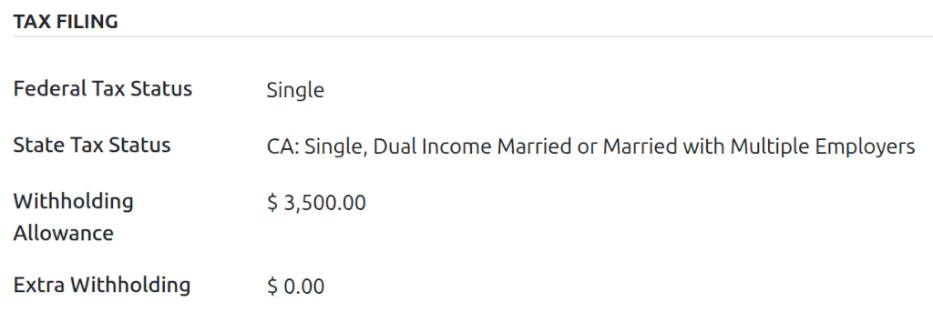 The tax filing section of the employee form, filled out.