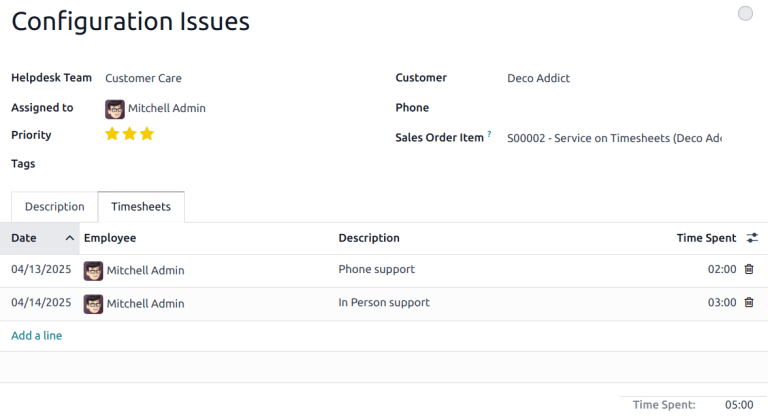 View of the timesheets tab on a helpdesk ticket.