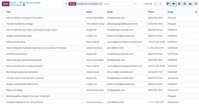 List view in the events tracks page for an event.