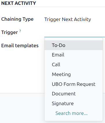 The next activity section with the Chaining Type set to Trigger Next Activity.