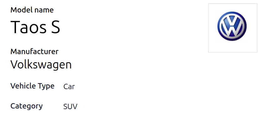 A vehicle form with the name, manufacturer, type, and category filled in.