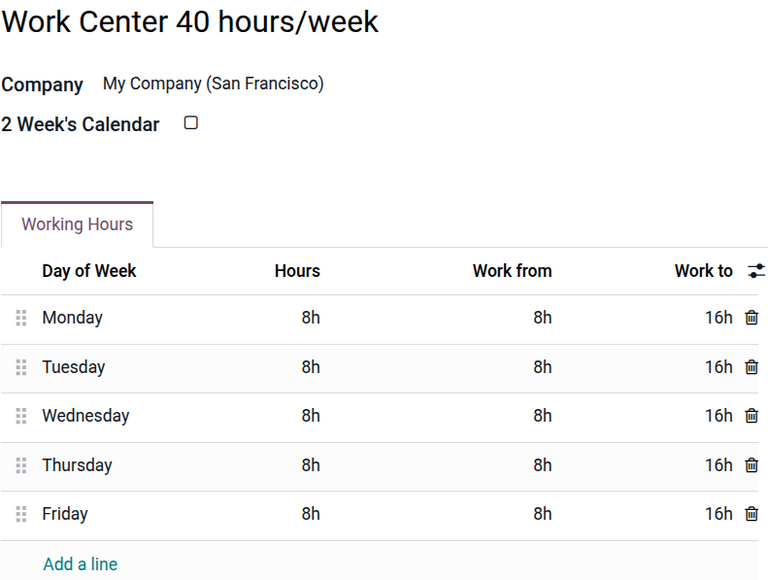 The working hours form for Standard 40 hours/week.