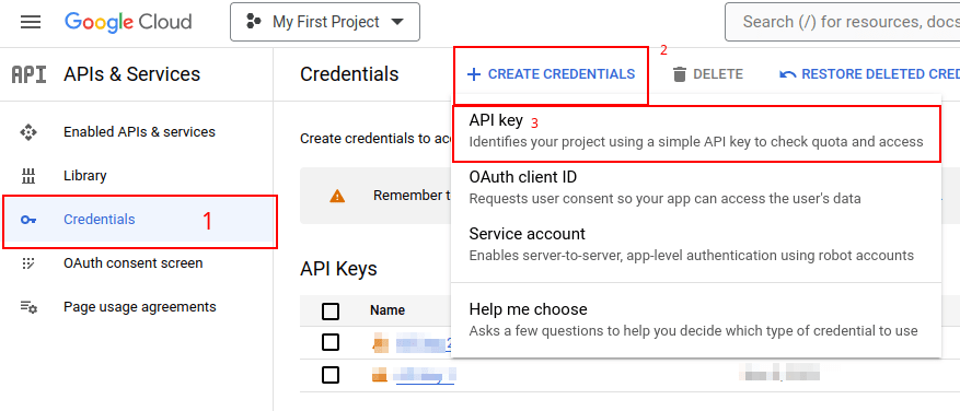 在 Google API 控制台中创建一个 API 密钥。