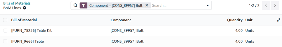 显示匹配 Bolt 组件的 BoM 行。