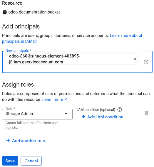 向 Google Cloud 存储桶添加主账号