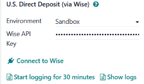 点击"连接到 Wise"按钮，确保 Odoo 数据库与 Wise 账户之间 已建立连接。
