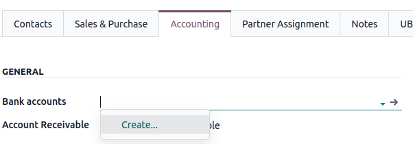 点击 Bank accounts 字段，然后点击 Create 以输入银行账户详细信息。