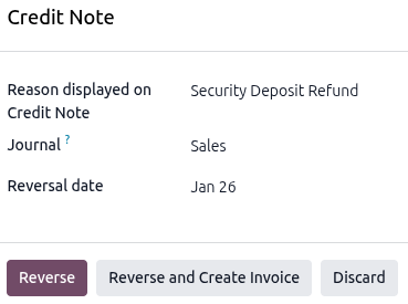贷记单弹出窗口，已在原因字段中输入 Security Deposit Refund。
