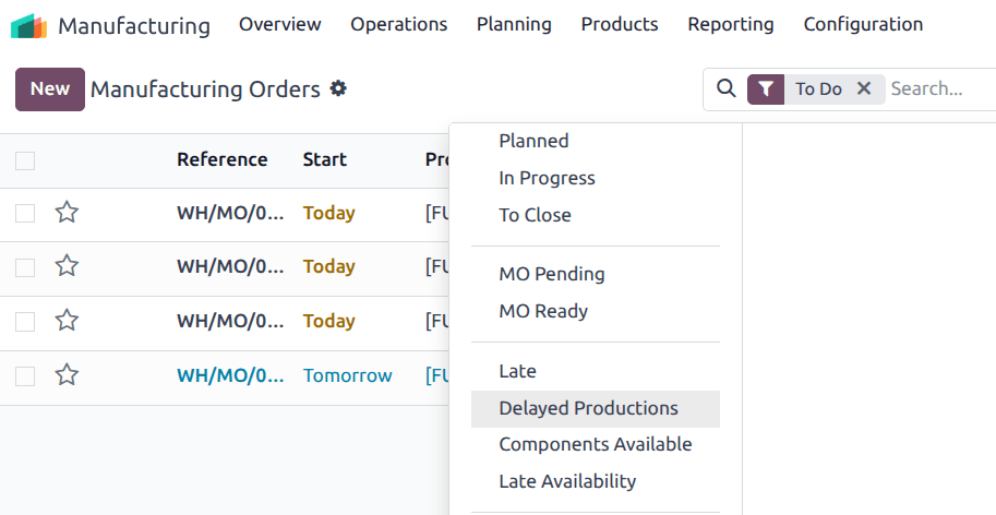 Odoo 的延迟生产过滤器。