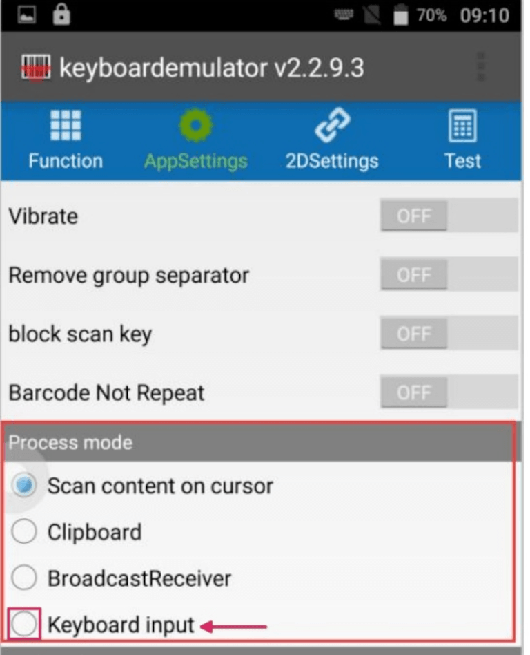 MUNBYN 扫码枪的 AppSettings 页面上的处理模式部分。