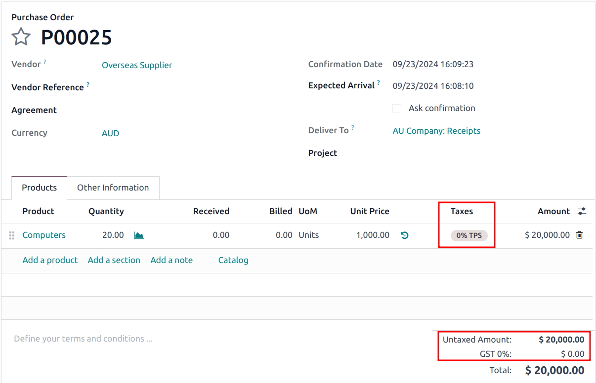 在采购订单上设置 0% TPS 税项