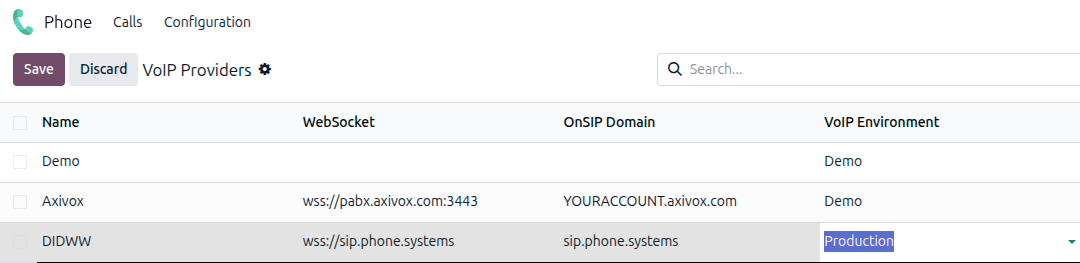*Odoo 电话* 应用中的 DIDWW 配置设置。