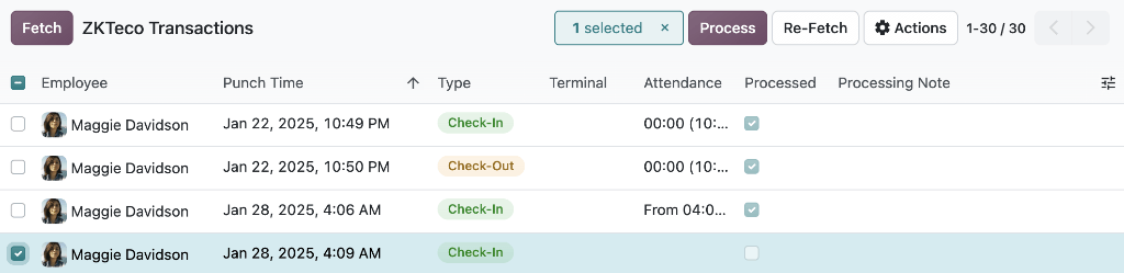 1 月 28 日出现错误的 BioTime 签到记录。