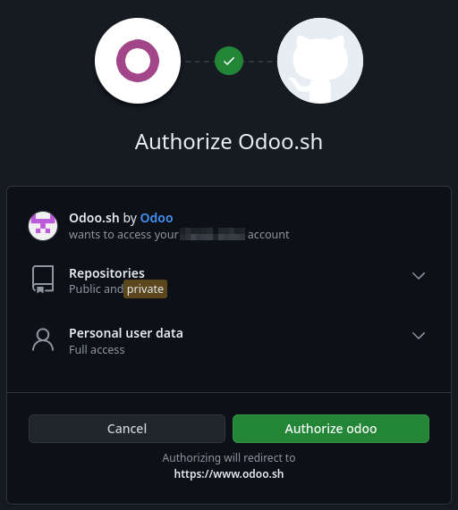 授予 Odoo.sh 在 GitHub 上执行操作和访问数据的权限