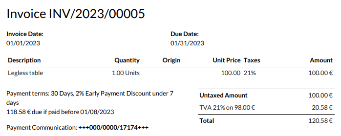 一张金额为 €100.00 的发票，在条款和条件中添加了以下文本：“30 Days, 2% Early Payment Discount under 7 days. 118.58 € due if paid before 01/08/2023.”